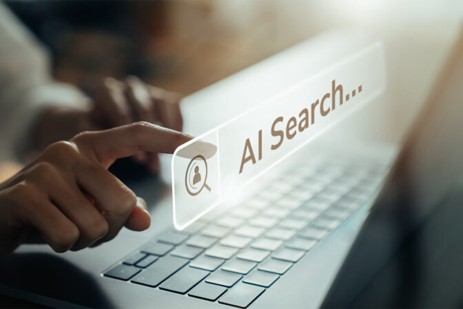 Realistic image of a person’s hand resting on a laptop keyboard with one finger of another hand approaching a search bar with the words “AI Search.”