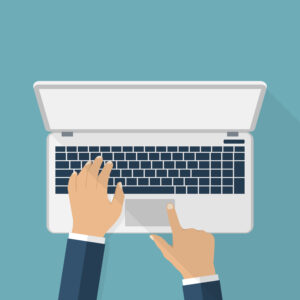 Hands of a man on the laptop keyboard. Vector illustration of flat design. laptop, desk, working. Man using laptop.