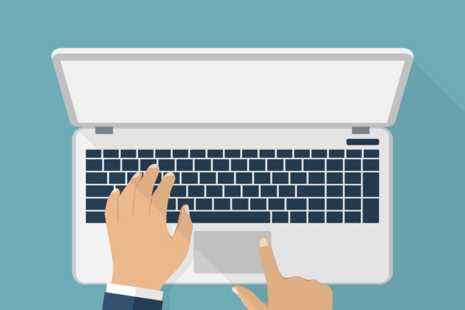 Hands of a man on the laptop keyboard. Vector illustration of flat design. laptop, desk, working. Man using laptop.