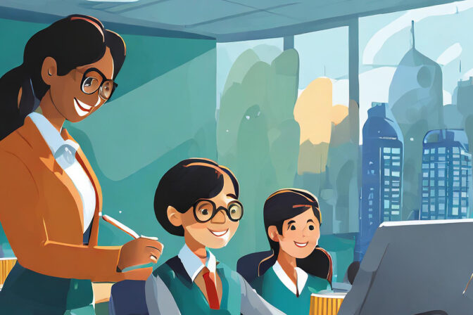 An animated image featuring a cheerful adult educator standing in a classroom with two young students sitting at a desk, all with big smiles. The educator, wearing glasses, a smart orange blazer, and a white shirt, is holding a pencil and looking at a monitor that the students are also gazing at attentively. The students, in matching green school uniforms with red ties, appear engaged and happy. In the background, through large windows, a cityscape with stylized modern buildings is visible, suggesting an urban educational setting. This image represents the integration of AI tools for education, where technology enhances learning experiences. Image made with Adobe Firefly AI.