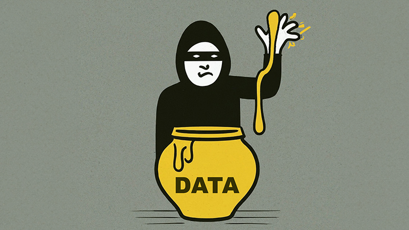 A digital artwork depicting a digital thief attempting to steal data from a honeypot, which is a decoy system designed to lure and trap hackers. Image created with the help of ImageFX.