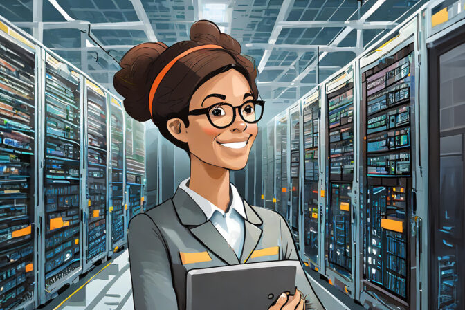 Confident professional woman with glasses and a bun smiling in front of server racks, holding a tablet. The hardware managed services environment showcases high-density data storage and advanced IT infrastructure with a modern, technological ambiance. Image created with Adobe Firefly AI.