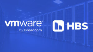 Servers in the background, overlayed with blue with the VMware and HBS logos superimposed on top.