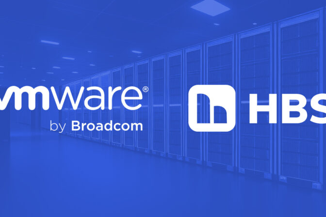 Servers in the background, overlayed with blue with the VMware and HBS logos superimposed on top.