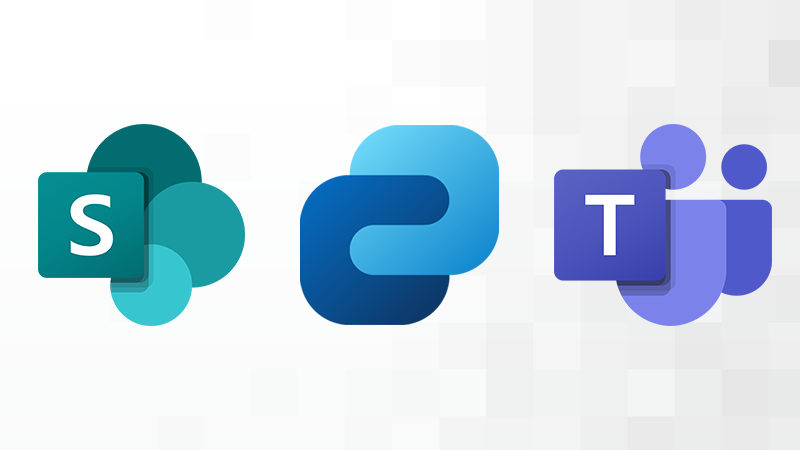 Three logos of Microsoft software products. The green SharePoint logo on the left, the blue Viva logo in the middle, and the purple Teams logo on the right. All three logos overlaid on a white and grey textured background.