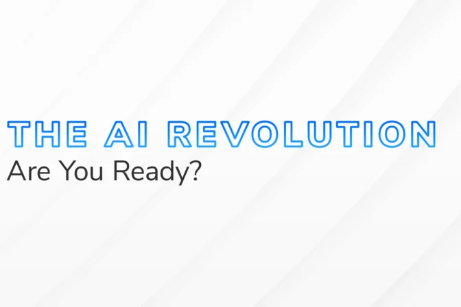 The text "The AI Revolution Are You Ready?" overlaid a white and grey textured background, signifying the importance of how to prepare for AI in an organization.