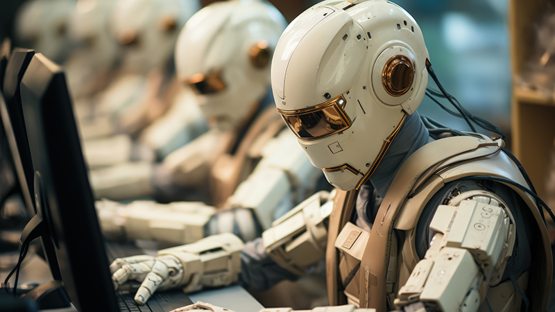 A row of robots inputting data into computers.