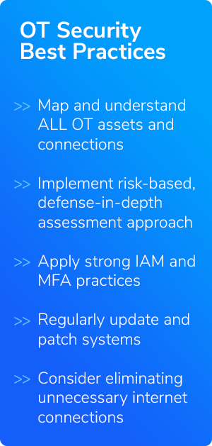 OT Security Best Practices Map and understand ALL OT assets and connections. Implement risk-based, defense-in-depth assessment approach. Apply strong IAM and MFA practices. Regularly update and patch systems. Consider eliminating unnecessary internet connections.