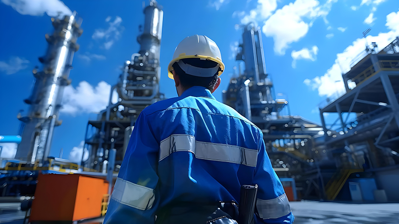 Person in blue safety gear and a yellow hard hat standing in front of an oil-refinery type facility.