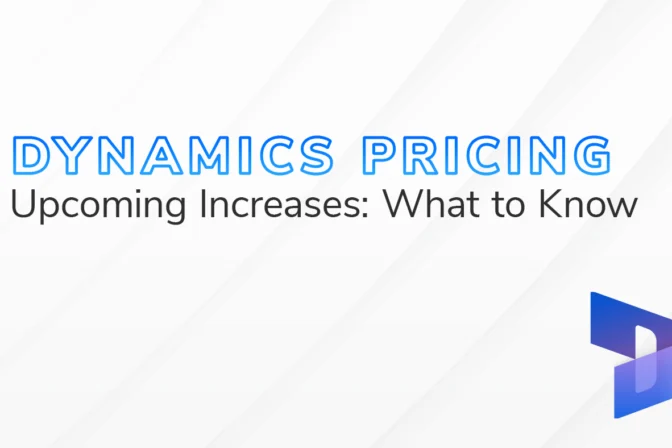 The text "Dynamics Pricing Upcoming Increases: What to Know" on a white and grey textured background. The purple Microsoft Dynamics logo is featured in the bottom right of the image.