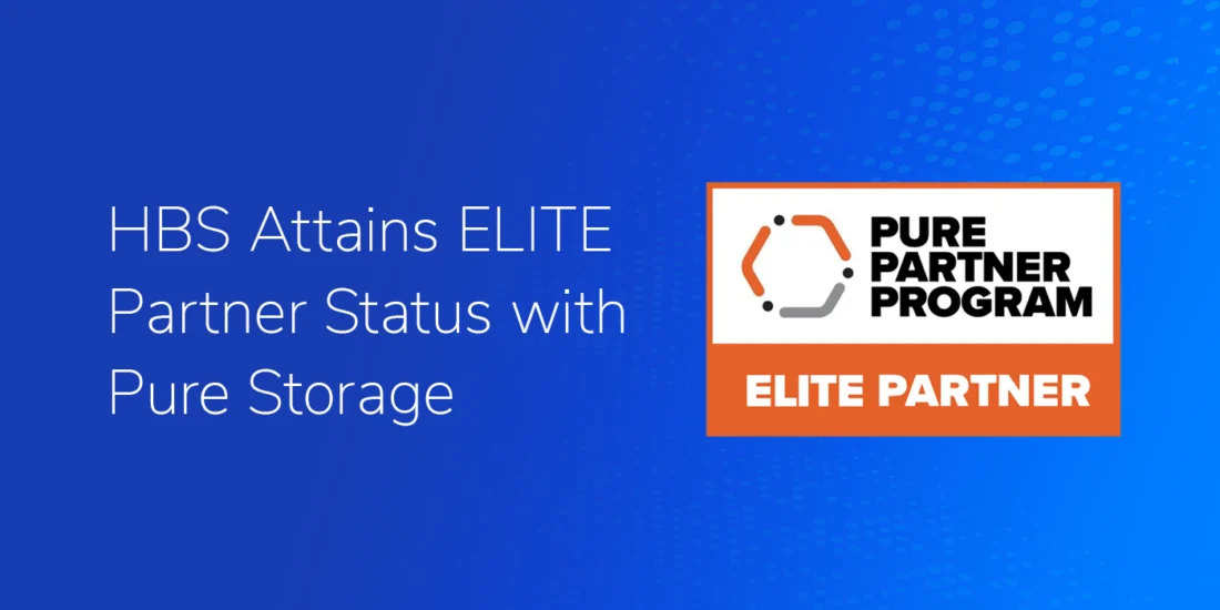 The text "HBS Attains ELITE Partner Status with Pure Storage" on a textured blue background. The Pure Storage Partner Program Elite Partner logo is on the right of the image.