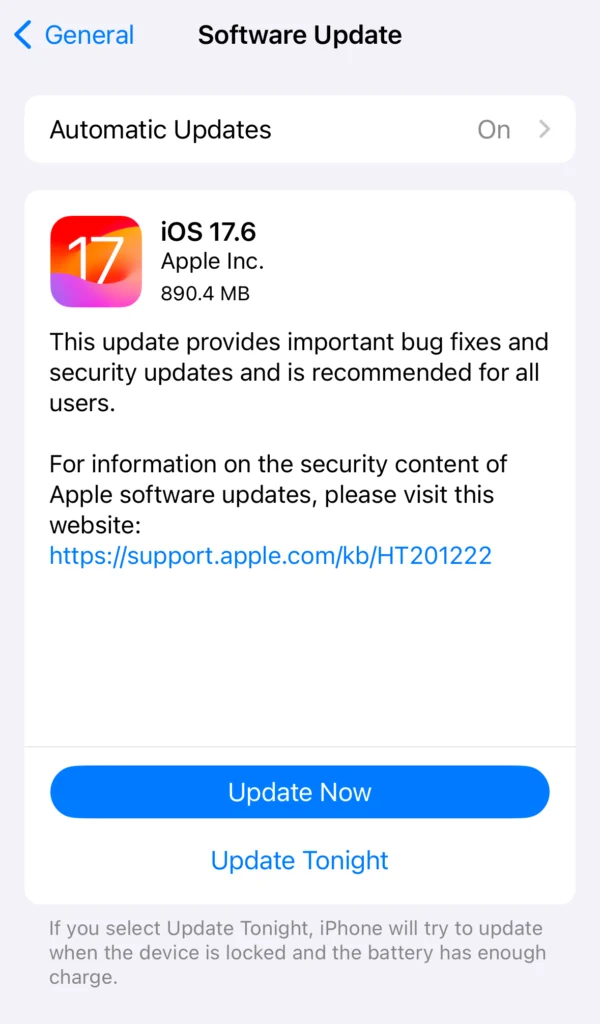 A screenshot of an iPhone's software update screen showing that iOS 17.6 is ready to be installed. The image indicates the necessity of learning how to secure BYOD.