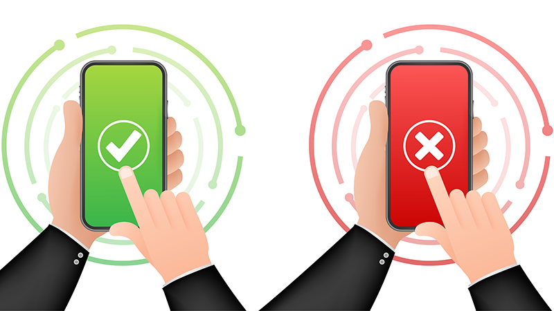 A graphic of two sets of hands holding separate cell phones. The phone on the right has a green check mark to indicate an approved MFA prompt, and the phone on the right features a red 'x' to indicate a denied MFA prompt.