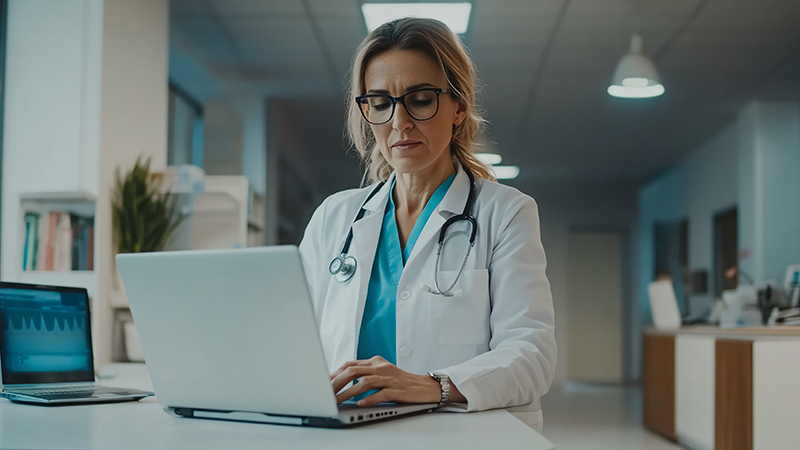 Female healthcare professional working on a computer in a hospital lobby.