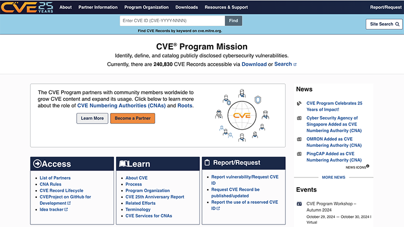 Screenshot of the CVE Program website homepage, displaying information about the CVE Program's mission to catalog publicly disclosed cybersecurity vulnerabilities. The page includes navigation options like Access, Learn, Report/Request, and shows updates and events related to the CVE project.