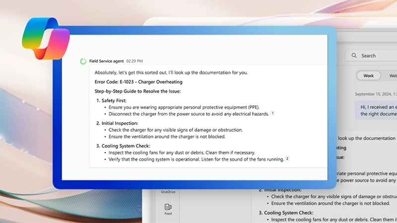 A screenshot of a support interaction using Microsoft Copilot in a service scenario. The screen shows a field service agent resolving an error code for a charger overheating issue, with step-by-step instructions provided by Copilot to address the problem.