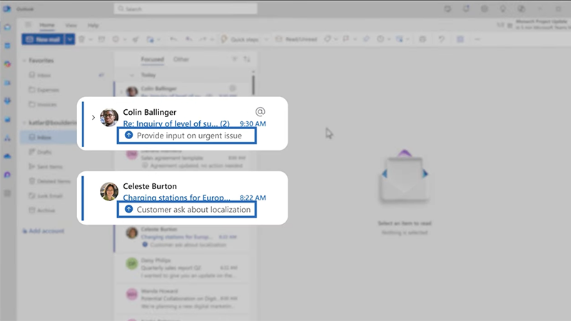 A screenshot showing Microsoft Copilot in action within Microsoft Outlook. The image displays an email thread with subject lines related to inquiries and customer questions, with Copilot helping to summarize key tasks like providing urgent input and responding to localization questions.