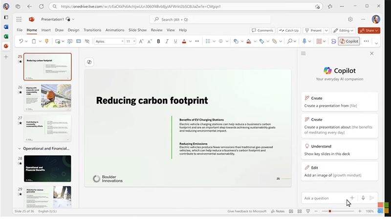 A screenshot of Microsoft Copilot being used in PowerPoint. The slide titled "Reducing Carbon Footprint" is displayed, and Copilot is suggesting options on the right side of the screen to help create a presentation, provide content insights, and add images or additional slides.