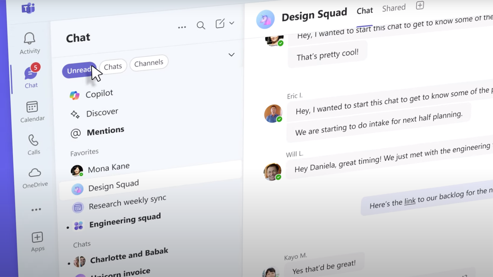 Screenshot of the Microsoft Teams chat interface showing the new "Mentions" tab. In the left sidebar, there are options for Copilot, Discover, and Mentions. Several chat groups and contacts are listed under Favorites, including "Alexandria Budget" and "Alexandria team chat." The central pane displays mentions from different team members in various conversations, while the right pane shows an announcement about the "Alexandria Video Campaign Tracker" with reactions and comments.