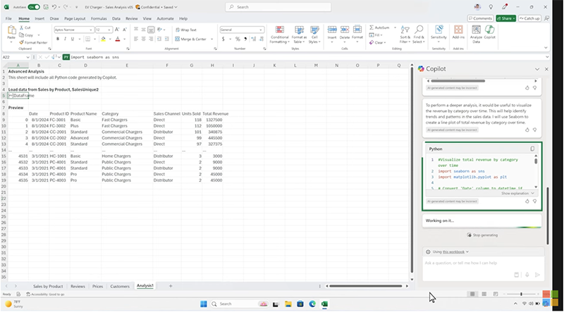 A screenshot showing Microsoft Excel with Copilot and Python code integration. The spreadsheet includes sales data for electric vehicle chargers, and Copilot is running Python code to generate visualizations and perform advanced data analysis.