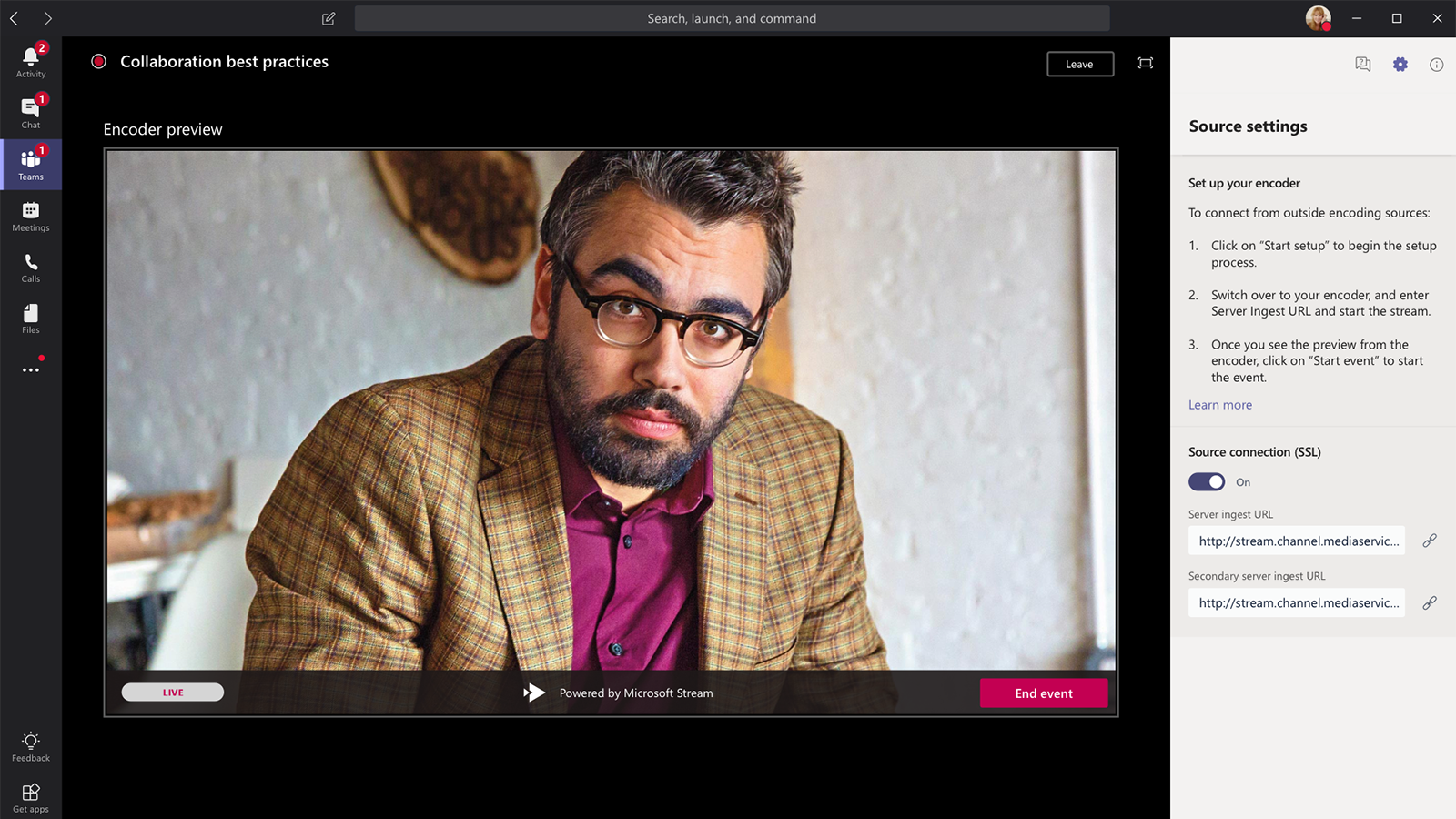 A Microsoft Teams live event encoder preview showing a presenter wearing glasses and a blazer. The sidebar displays source settings for the live event, including options for setting up an encoder and SSL connection.