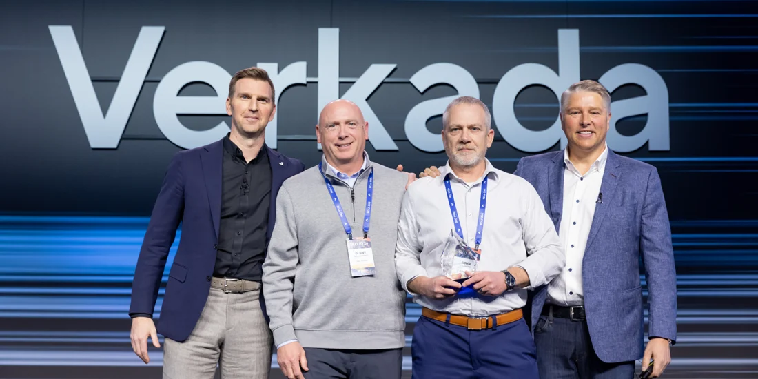 HBS representatives receiving the Regional Impact Partner of the Year award from Verkada representatives. From L-R: Caleb Augustin, Verkada; Denny Armantrout, HBS; John Stafford, HBS; Eric Salava, Verkada.