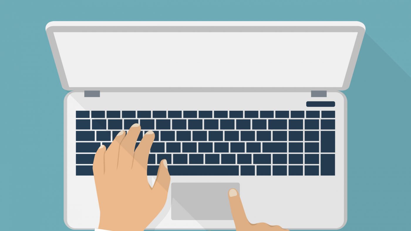 Hands of a man on the laptop keyboard. Vector illustration of flat design. laptop, desk, working. Man using laptop.