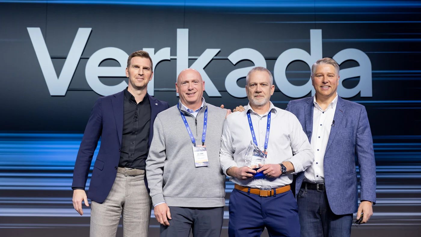 HBS representatives receiving the Regional Impact Partner of the Year award from Verkada representatives. From L-R: Caleb Augustin, Verkada; Denny Armantrout, HBS; John Stafford, HBS; Eric Salava, Verkada.